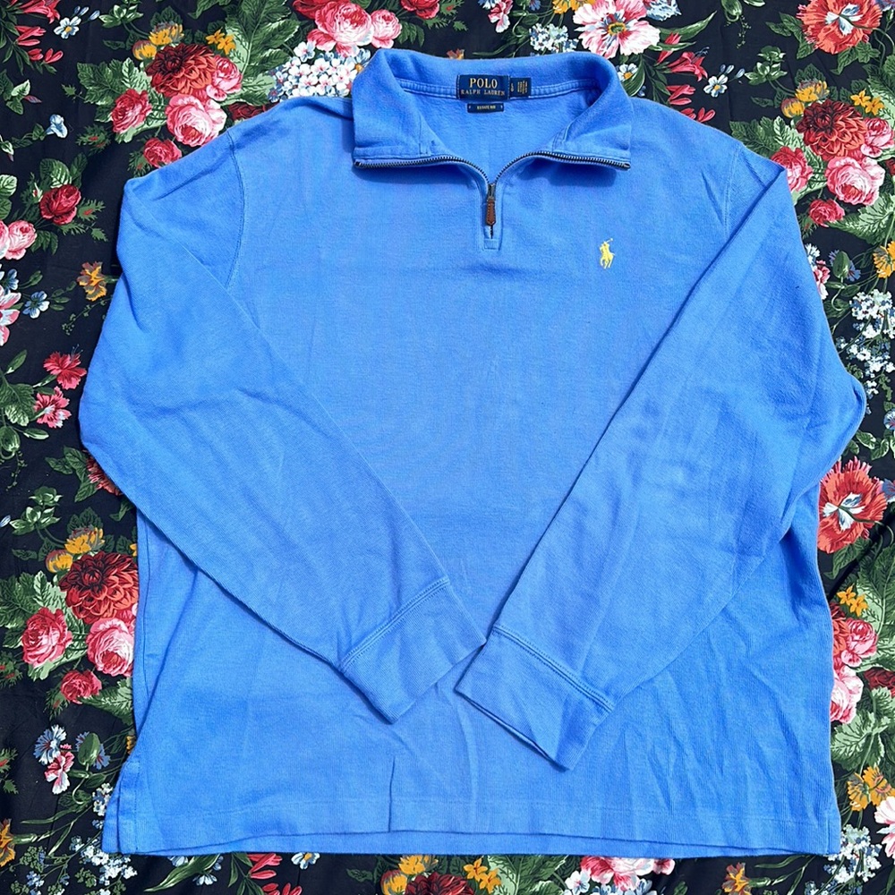 Polo Ralph Lauren Estate Rib 1/4 Zip Sweater robins egg blue yellow logo Large